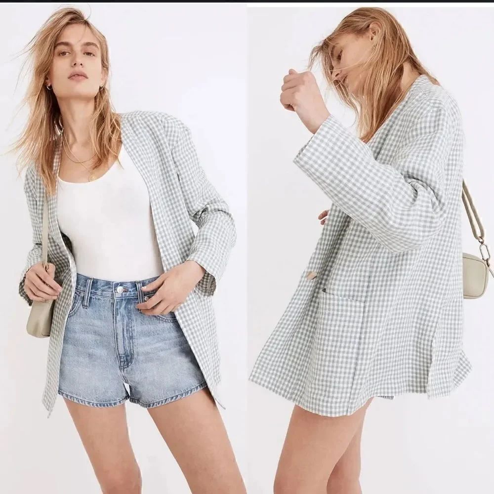 NWTs Madewell Linen Collarless Blazer in Gingham Check Size XXS